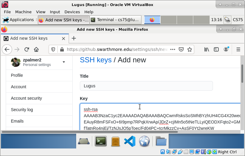 Pasting the SSH public key into GitHub